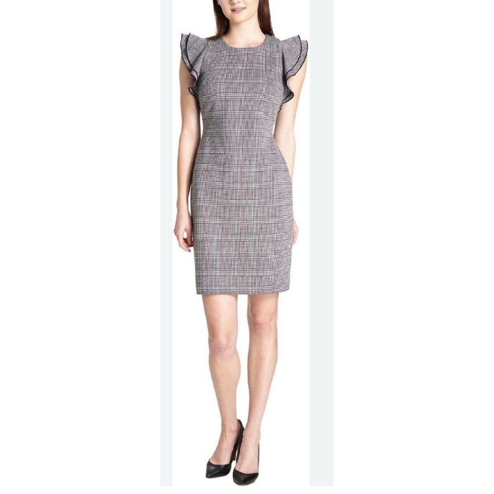 Tommy Hilfiger Black White Plaid Dress Zip Flutter‎ Ruffle Sleeve Sz 2 NWT